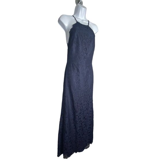 DESSY COLLECTION Halter Criss Cross Open-back Lace Trumpet Gown Navy Size 2 - Picture 4 of 9